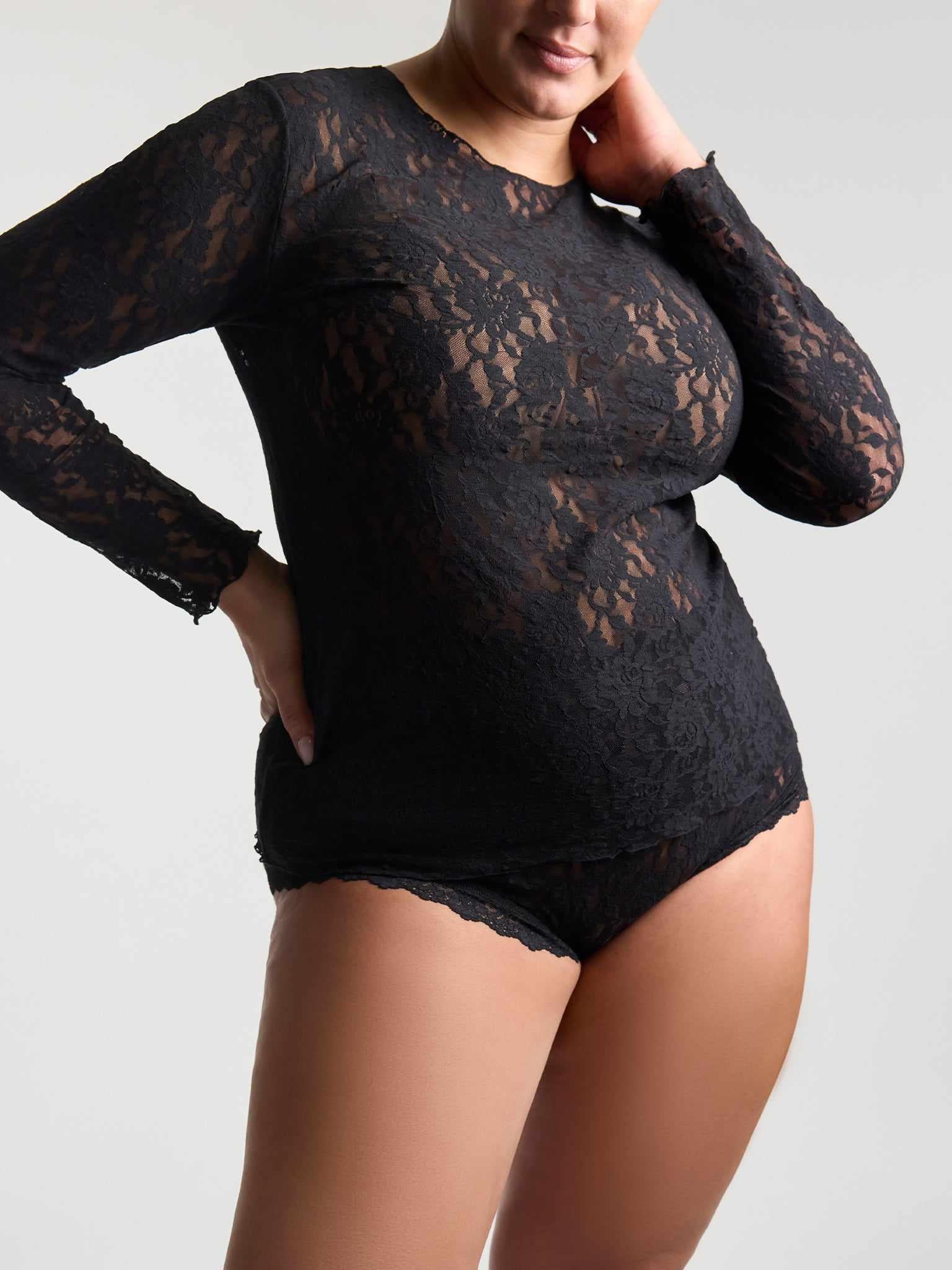 Plus Size Signature Lace? Long Sleeve Top Black