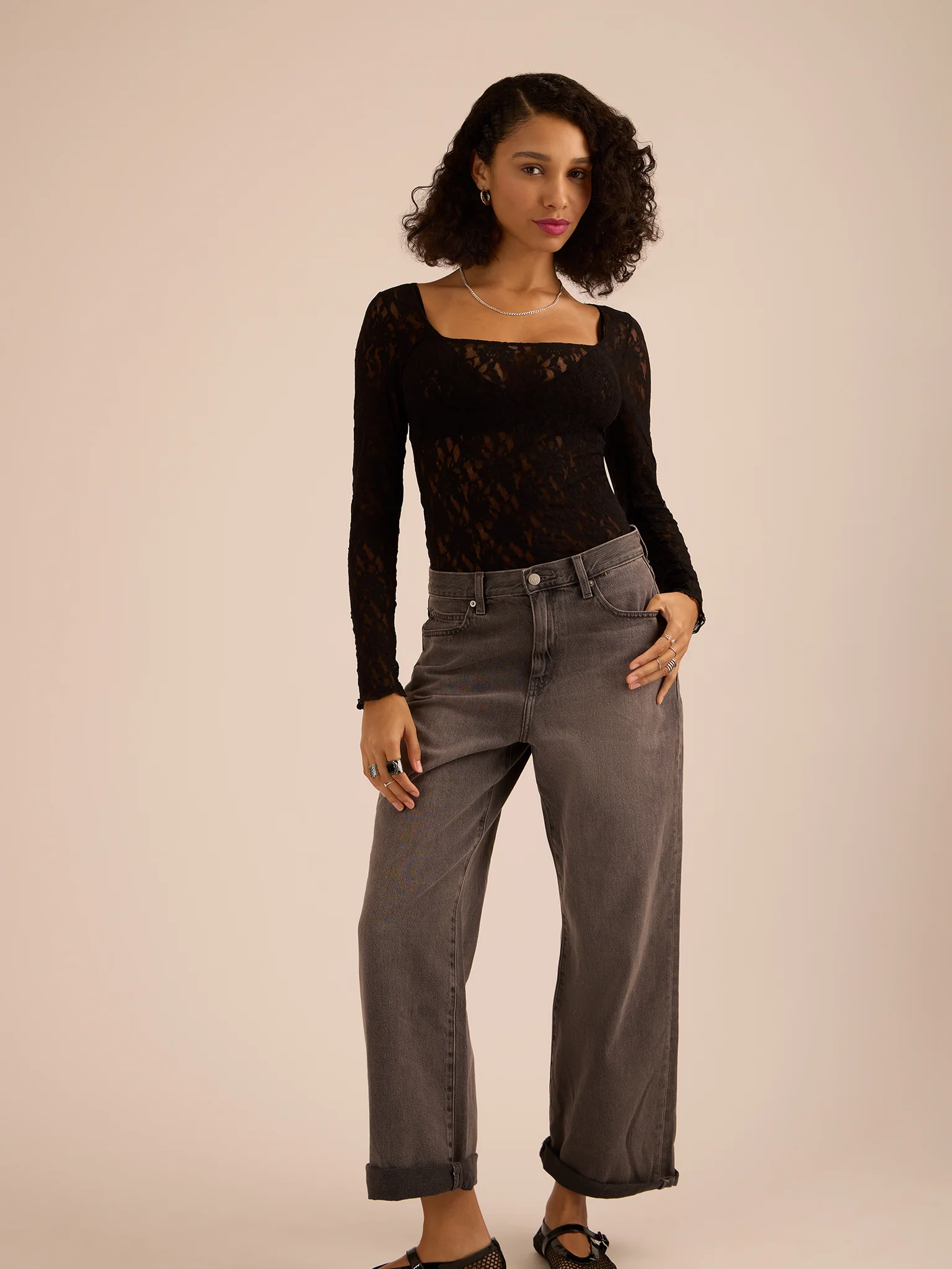 Signature Lace? Square Neck Long Sleeve Top Black Sale