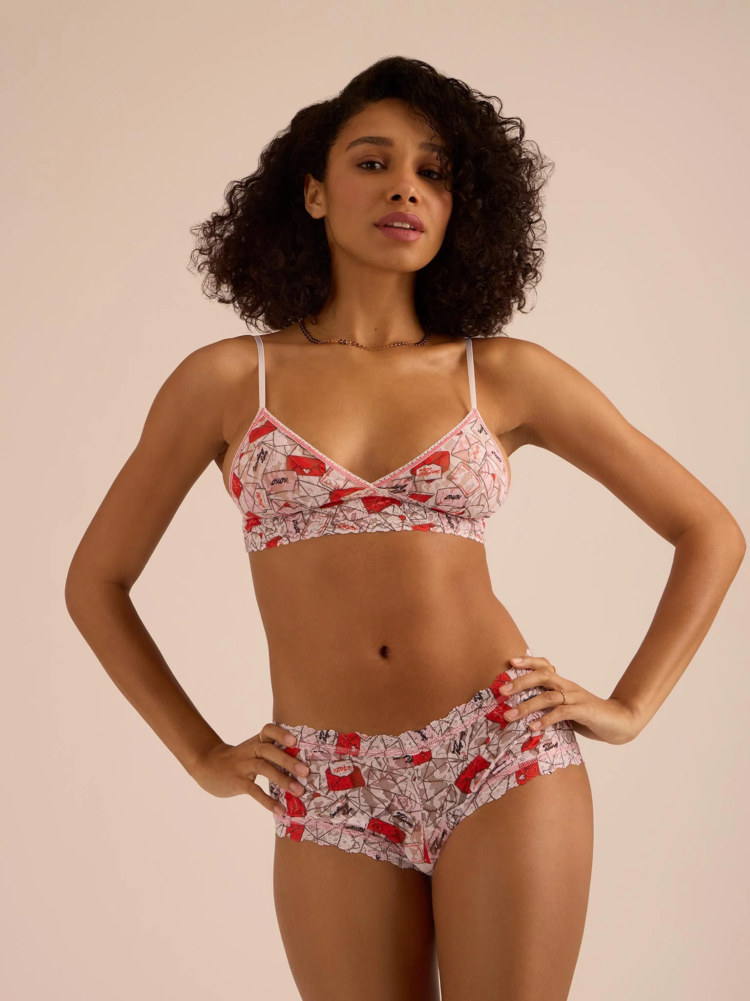 Printed Signature Lace? Padded Triangle Bralette With Love Red/Pink Sale